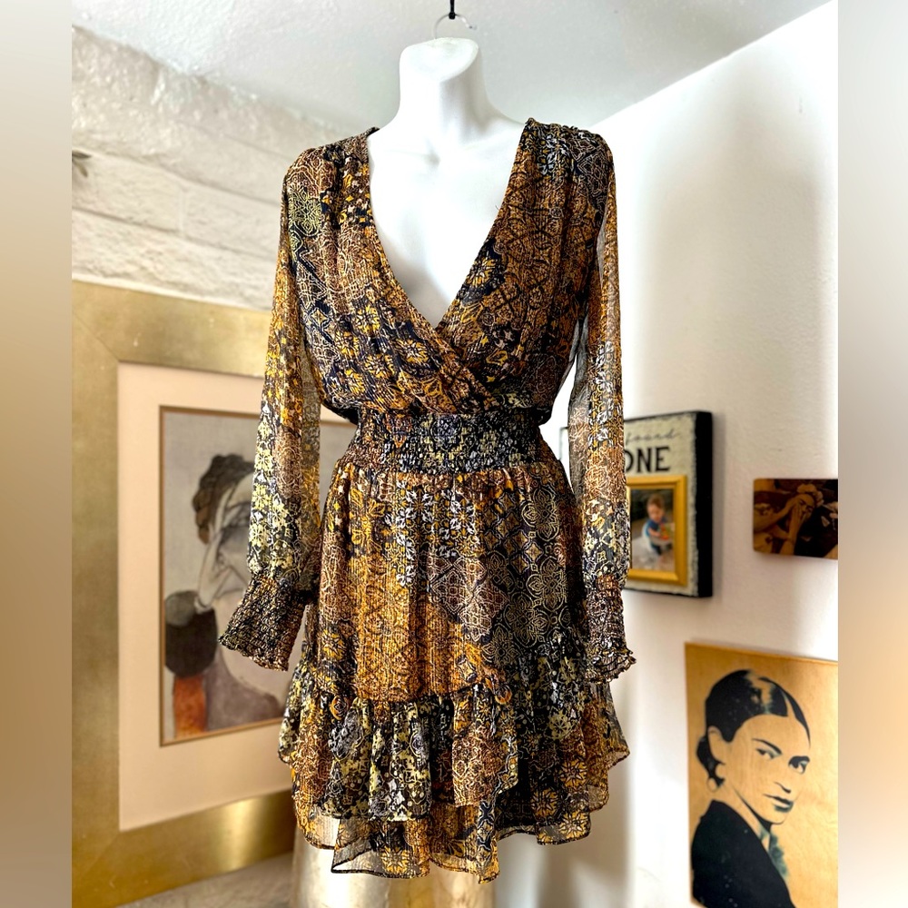 Mega Patchwork V-Neck Long-Sleeve Mini Dress - image 1